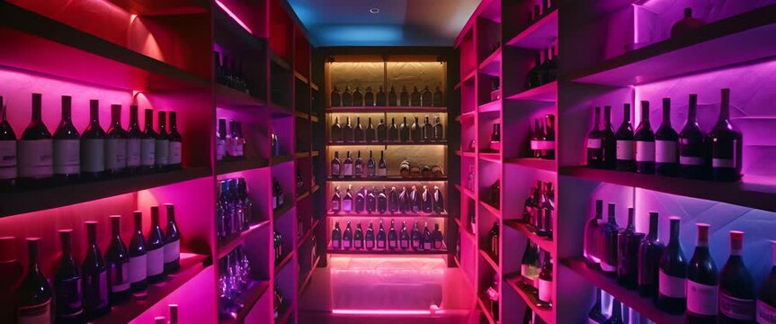 A dark, elegant wine cellar with colorful, LED-lit shelves