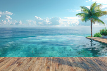 A modern villa with an infinity pool overlooking the ocean, surrounded by palm trees and rocks. Created with AI