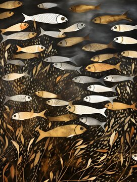 Nordic Aesthetic Dark Ocean with a school of fishes digital art painting, art print, white and gold fishes in black sea wallpaper invitation card banner lino print