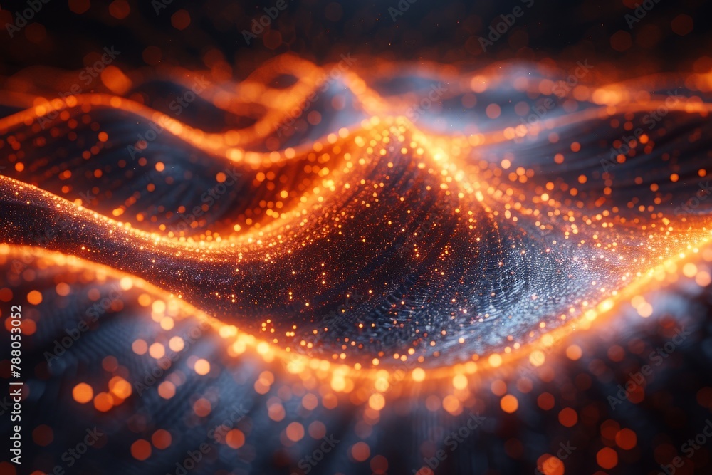 Aufkleber Digital art piece depicting undulating waves of light and particles, with a central blurred square adding a mysterious element