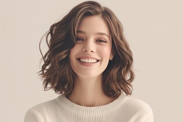 Portrait of a beautiful smiling woman with wavy hair in a white sweate - obrazy, fototapety, plakaty