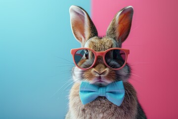 A humorous image of a rabbit dressed in sunglasses and bow tie against a pink and blue background, suggesting fun and playfulness