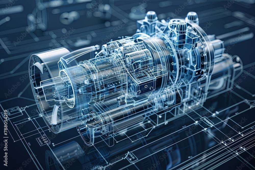 Poster close up of advanced machine components on a solid blue background, showcasing intricate details and