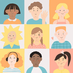 Cartoon children's faces. Flat vector portraits. Hand-drawn illustration