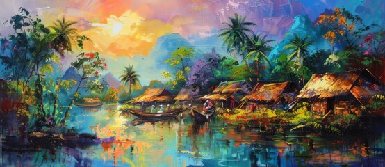 oil painting of village life, landscape with trees and people in Thailand, hut houses, vibrant colors, sunset, palm trees, in the style of local Thai artists