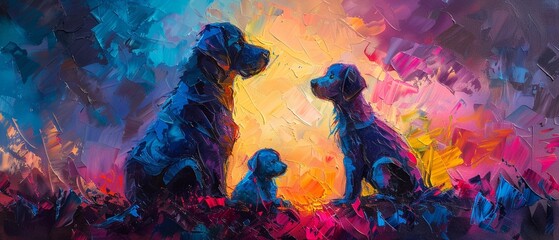 Palette knife oil painting of a mother dog and puppy scene, vibrant Mothers Day theme colors, on a dynamic background with intense, dramatic lighting