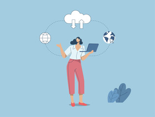 Secure connection, Storage of important data, and cloud technology, Cloud computing services business technology concept, Woman standing using laptop to work in social media. Vector illustration.