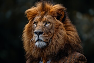 A thoughtful lion sporting a plaid suit reflects sophistication with a hint of wildness