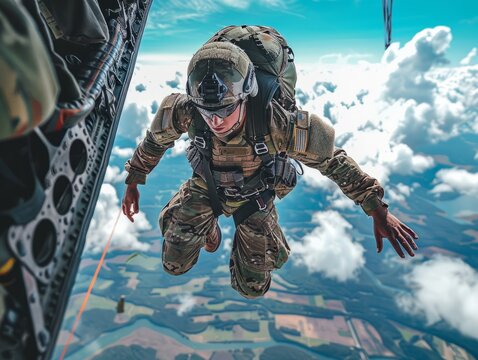  Paratrooper jumping with a parachute.