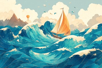 Paper art in the style of an orange hot air balloon floating over blue ocean waves with brown mountains in the background. - obrazy, fototapety, plakaty