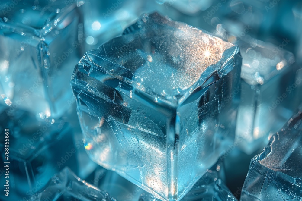 Poster the image zooms in on a single ice cube, highlighting its intricate details and the play of light wi
