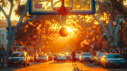 A basketball is suspended in the air above a basketball hoop - Powered by Adobe