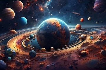 a picture of a planet with many planets around it and a star in the background with a bright blue sky