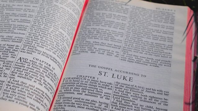 Bible Book on Field of Grass on a Sunny Day, Gospel of St Luke