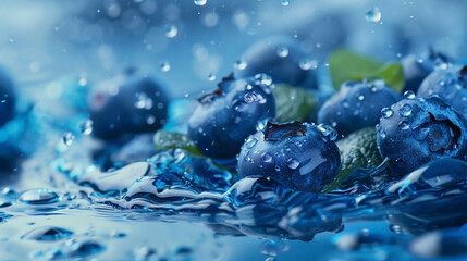 Naklejka na ściany i meble Fresh blueberries in water. Splashes and drops. Seasonal vitamins. 