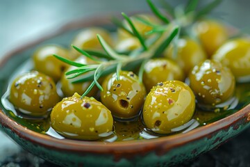 Exquisite marinated green olives garnished with fresh rosemary sprigs on a rustic ceramic dish - Powered by Adobe