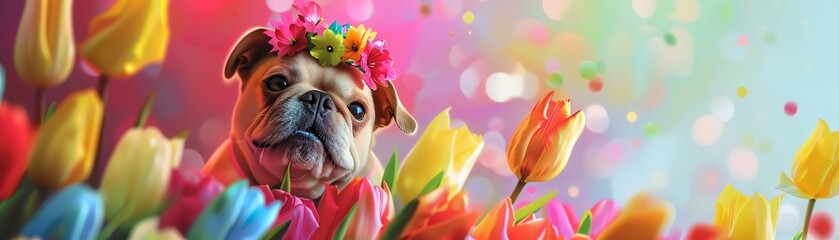 A cute puppy wearing a flower crown sits in a field of tulips. - obrazy, fototapety, plakaty