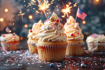 Festive cupcakes with American flag and sparklers for Fourth of July celebration. - Powered by Adobe