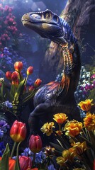 Obraz na płótnie Canvas A dinosaur stands in a field of flowers, looking around in wonder.