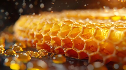 cluster of honeycombs, revealing the intricate hexagonal cells filled with golden honey.