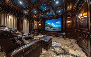 Large home theater with leather seating, brown and blue accents, large screen on wall. Created with AI - obrazy, fototapety, plakaty