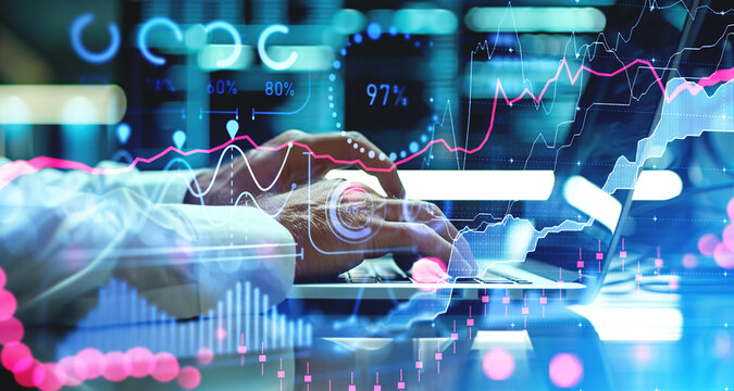 Businessman with laptop, big business data analysis. Ai generative illustration