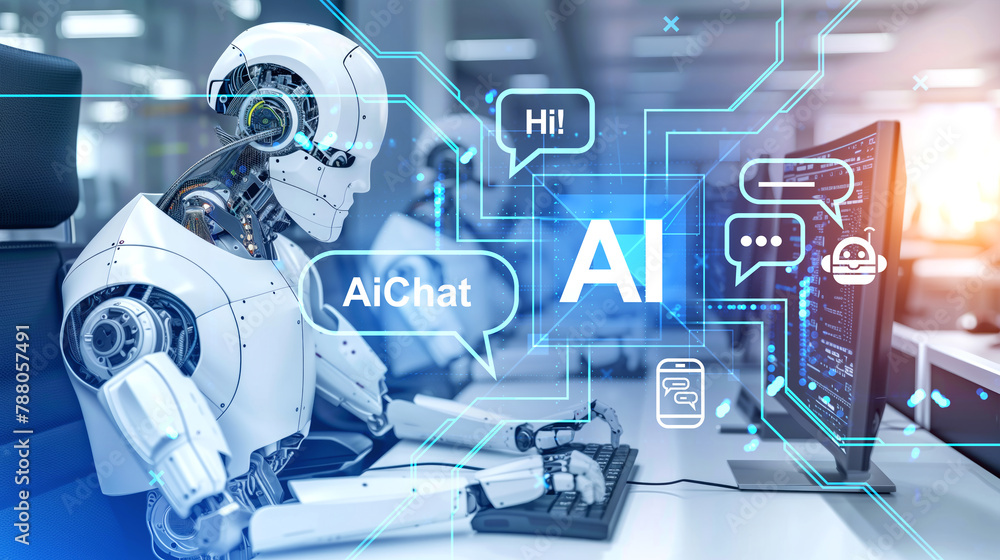 Poster robot working in computer, ai hologram and chat bot. ai generative illustration