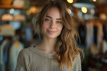 Fototapeta premium A young woman with curly hair smiling warmly inside a boutique shop