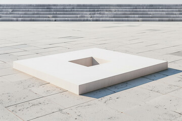 Minimalistic white square structure with a central hole on a paved surface.