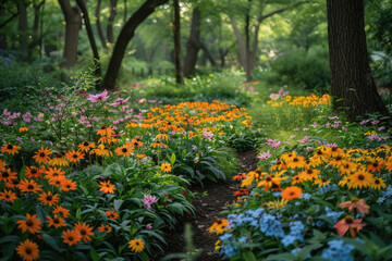 A lush garden in full bloom bathed in summer sunlight
