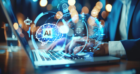 Businessman typing on laptop, AI hologram with brain. Ai generative illustration