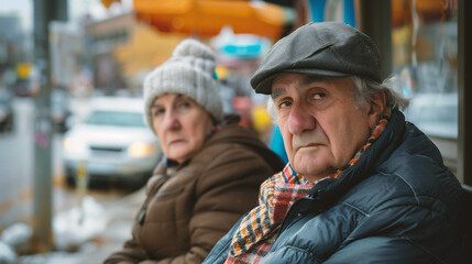 Elderly couple sitting on a bench in the street in winter.