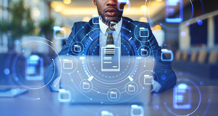 Black businessman and document management system. Ai generative illustration