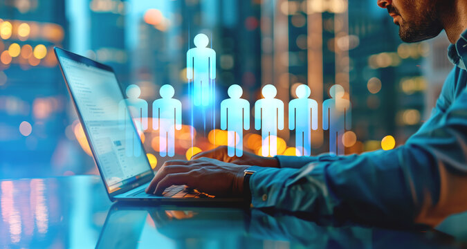 Man using laptop, headhunting and human resources. Ai generative illustration