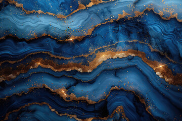 A stunning marble texture with deep blue and gold hues, showcasing intricate patterns of swirling clouds and majestic mountains. Created with Ai - obrazy, fototapety, plakaty