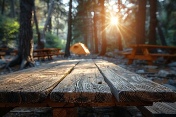 A captivating shot of a rustic picnic table with sun beams piercing through forest trees providing...