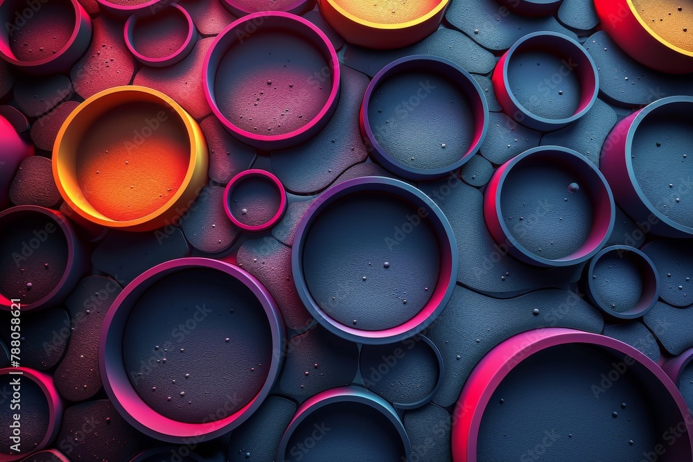 Poster artistic image showcasing various sizes of circles with a textured surface, arranged in a layered co