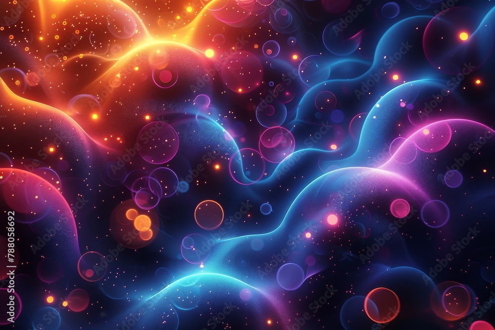 Poster a mesmerizing scene of intertwined streams of light with floating orbs in a celestial dance