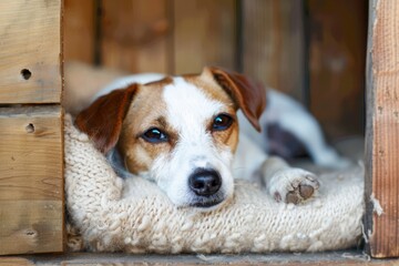 Jack Russell terrier resting comfortably in small pet house squinting with one eye and blinking