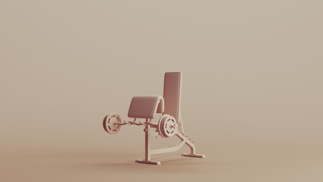 Weight bench curl training equipment barbell gym neutral backgrounds soft tones beige brown 3d illustration render digital rendering
