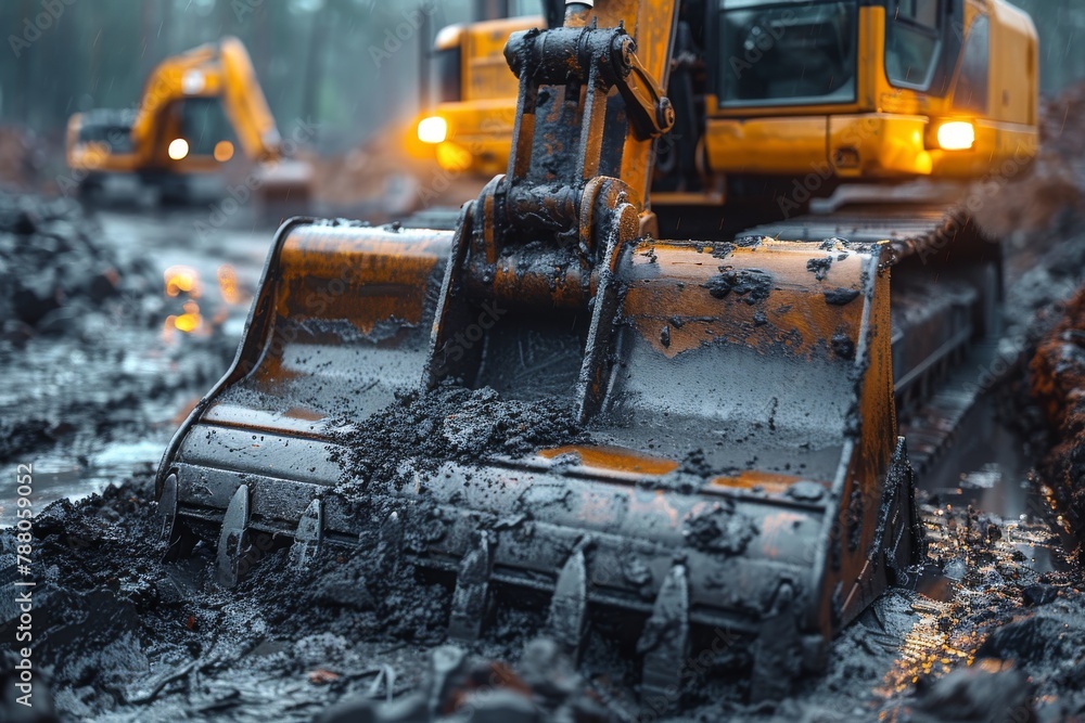 Poster an image capturing the gritty details of a muddy excavator bucket in the midst of a construction pro