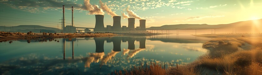 a power plant with smoke coming out of the smokestacks and reflecting off the water below.