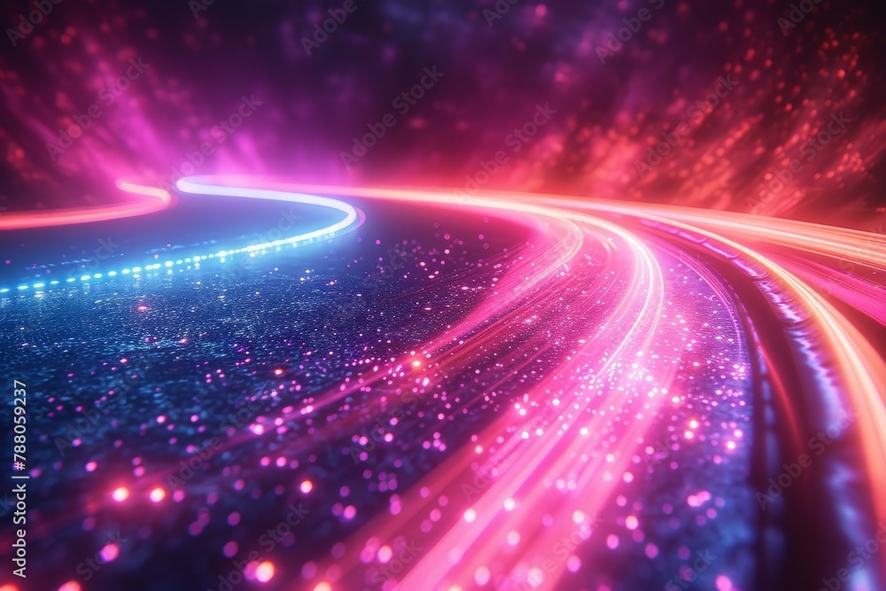 Poster the image depicts glowing neon lines flowing seamlessly with a sense of speed and motion, sparkling 