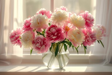 Warm sunlight streaming through a window illuminating a vibrant bunch of lush peonies in a vase