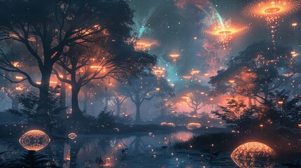 Under a dome of dreams, a landscape scattered with glowing, ethereal star particles and floating islands
