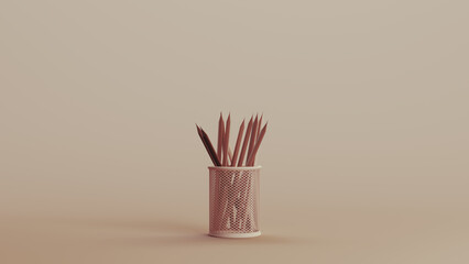 Pencil desk tidy holder office school neutral backgrounds soft tones beige brown 3d illustration render digital rendering