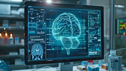 brain test results shown on a digital interface against a backdrop of a lab or operating room; a notion of cutting-edge science and medical technology. medical equipment. - obrazy, fototapety, plakaty