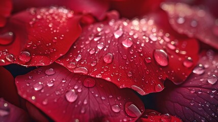 Close-up of Red Rose Petals in Full Bloom Dripping with Dew
