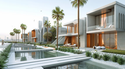 Fototapeta premium A large house with a pool and a walkway in front of it. The house is surrounded by palm trees