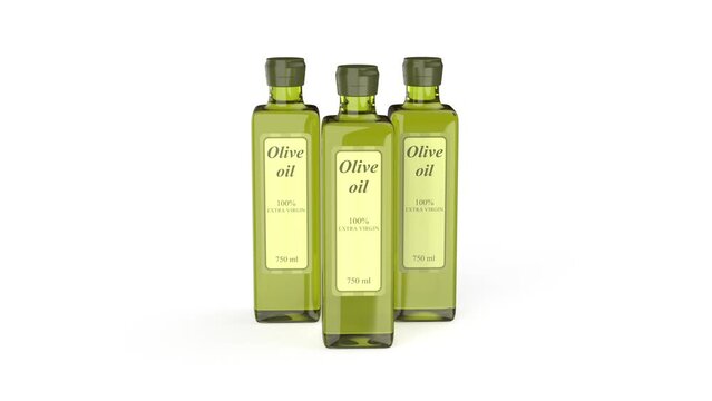 Three extra virgin olive oil bottles on white background